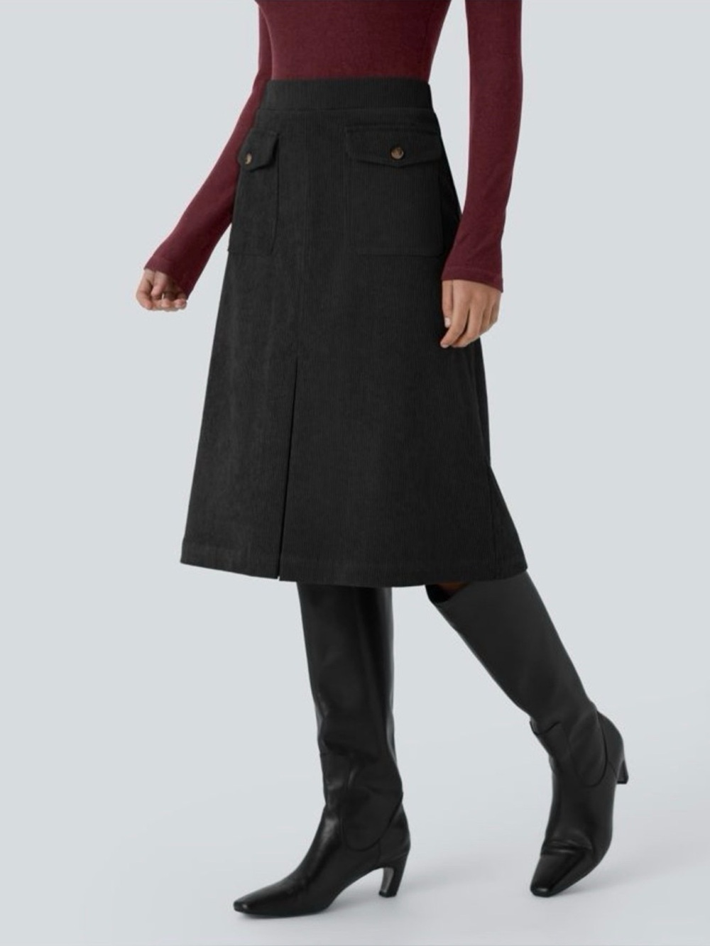 Halara Auracord Cloud Mid Rise Front Side Flap Pocket Mini Corduroy Skirt Black